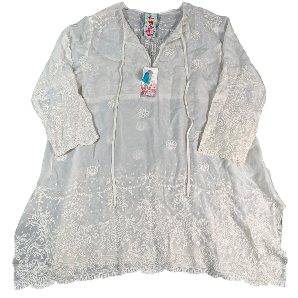Johnny Was Embroidered Tunic Women S White Boho Chic Fairycore Lace Peasant NWT